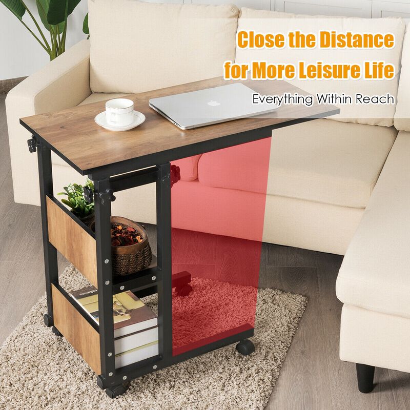 C-Shape Mobile Snack End Table with Storage Shelves