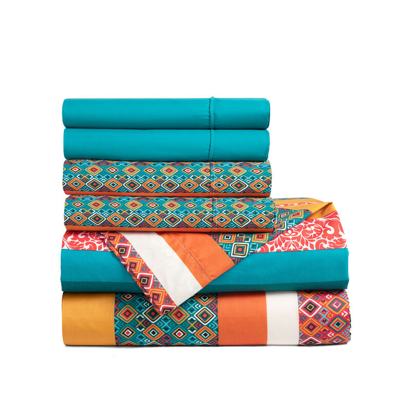 Boho Stripe Soft Sheet Set Turquoise/Tangerine 6Pc Queen