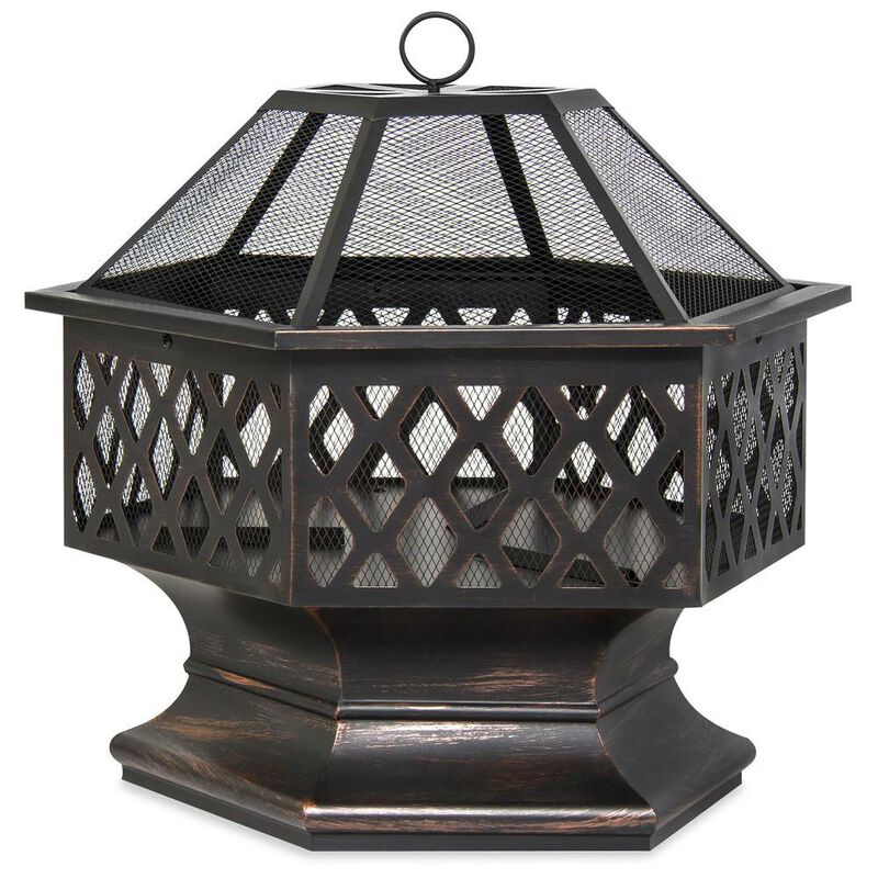 Hivvago 24 Inch Steel Distressed Bronze Lattice Design Fire Pit With Cover