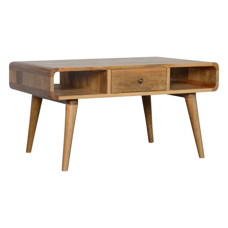 Curved  Solid Wood 2 Drawer Oak-ish Coffee Table