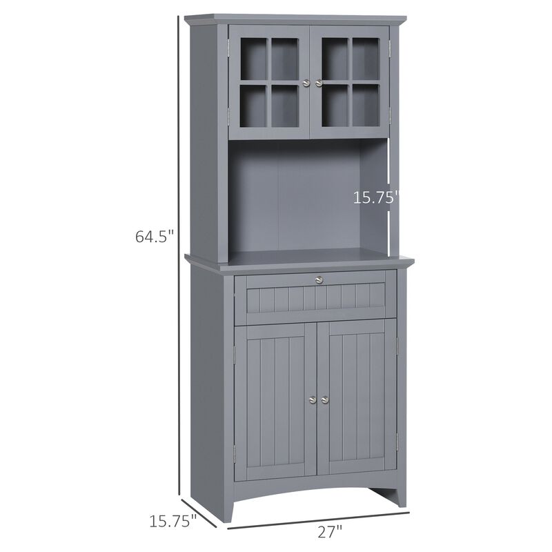 Elegant Buffet Hutch Cabinet, Freestanding Kitchen Pantry Storage Cabinet with Framed Glass Door Drawer & Microwave Space for Home Kitchen, Grey