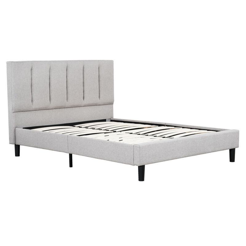 Heli Queen Bed, Gray Linen Upholstered Frame, Vertical Tufted Headboard-Benzara