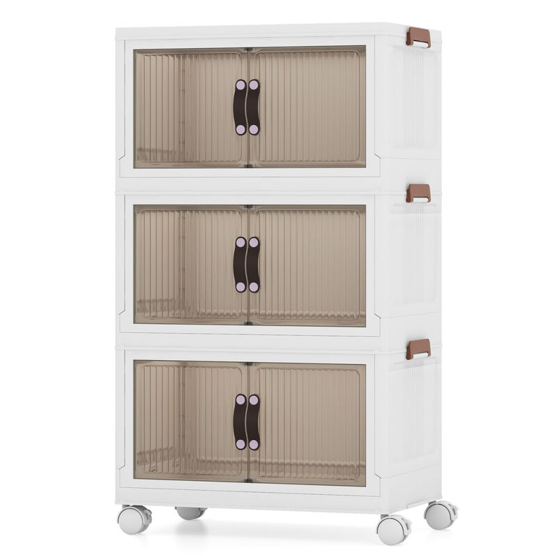 3-Tier Stackable Storage Boxes Bins with Magnetic Doors and Lockable Casters