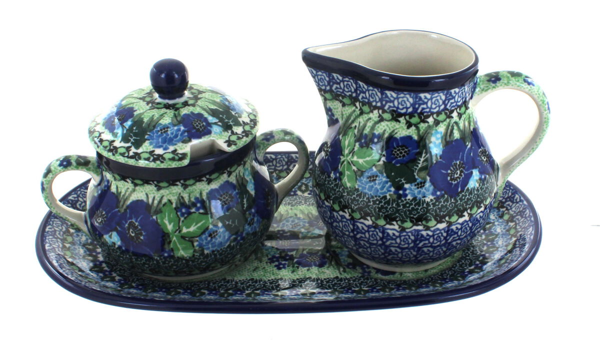 Blue Rose Polish Pottery Joanna Large Cream & Sugar Set with Tray