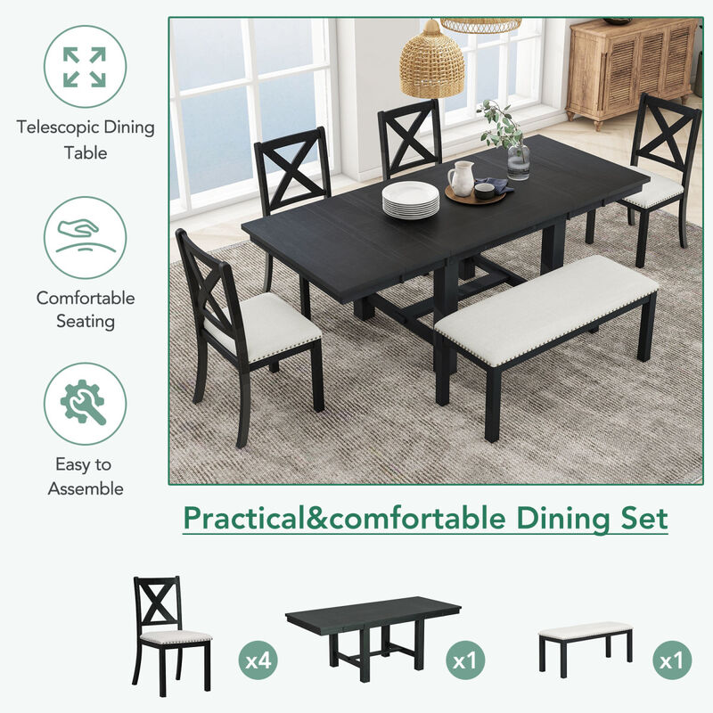 Farmhouse 82inch 6Piece Extendable Dining Table with Footrest, 4 Upholstered Dining Chairs and Dining Bench, Two 11"Removable Leaf, Black+Beige Cushion
