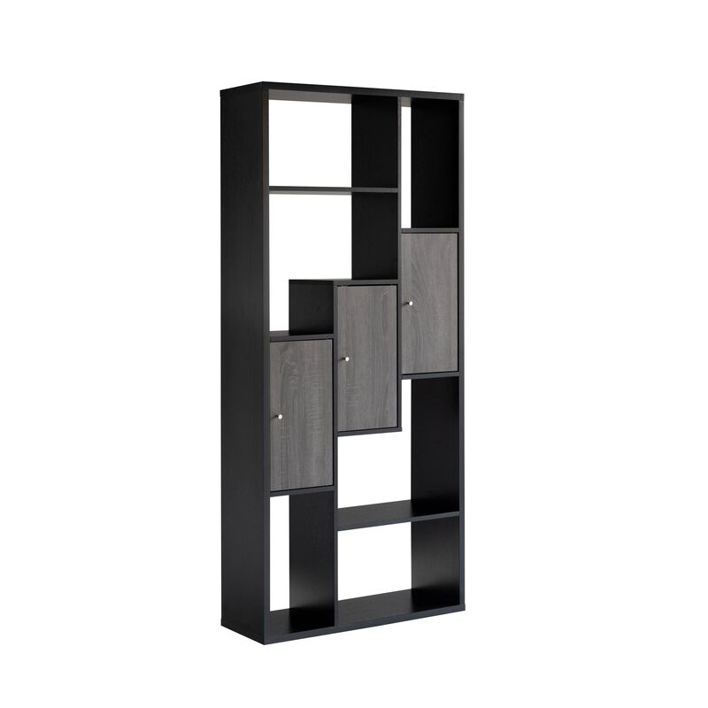 69 Inch Modern Display Cabinet with 7 Multilevel Shelves, 3 Doors, Black - Benzara