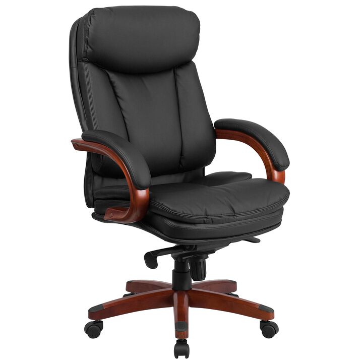 Flash Furniture Hansel High Back Black LeatherSoft Executive Ergonomic Office Chair with Synchro-Tilt Mechanism, Mahogany Wood Base and Arms