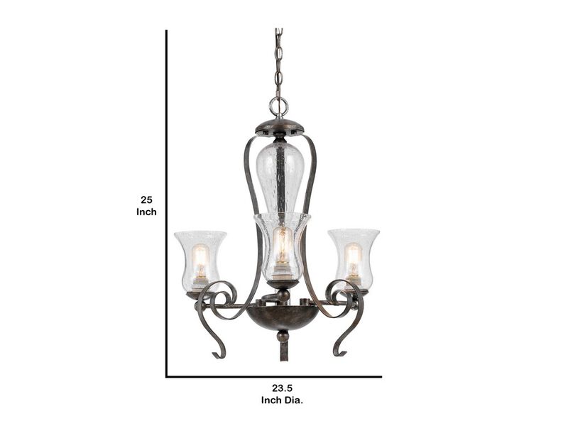 3 Bulb Chandelier with Scrolled Metal Frame and Glass Shades,Gray and Clear-Benzara