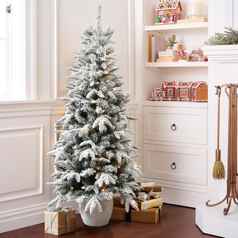 LuxenHome 5Ft Pre-Lit Snow Flocked Slim Fir Potted Artificial Christmas Tree