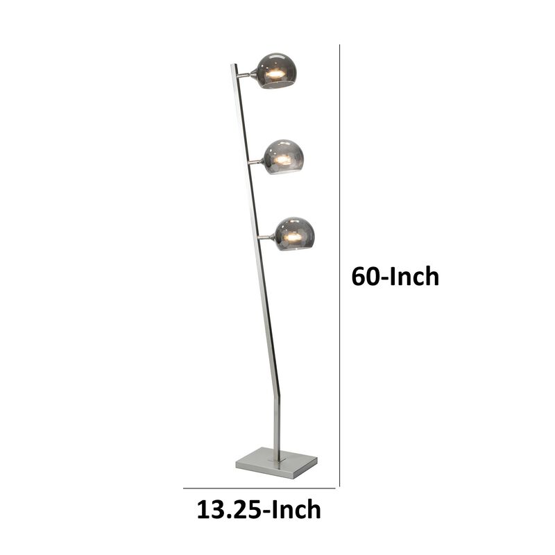 60 Inch Floor Lamp, 3 Dome Glass Shades, Accent Square Metal Base, Nickel-Benzara