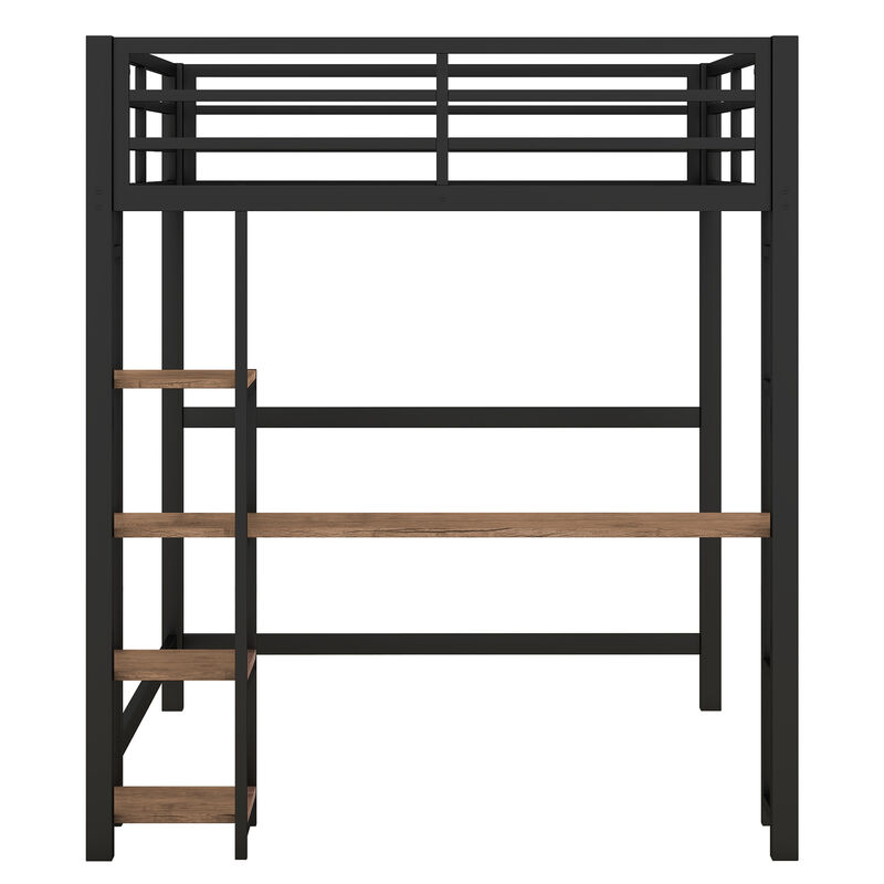 Merax Metal Loft Bed with Built-in Desk and Storage Shelves