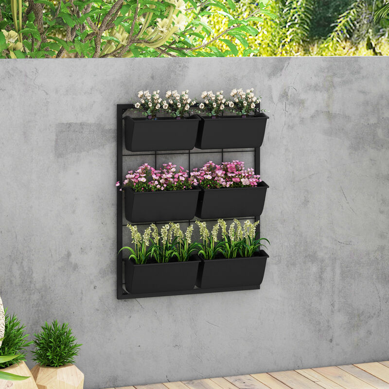 Outsunny 3-Tier Wall Planter with 6 Pots for Indoor and Outdoor Use, Hanging Plant Holder, Self Draining Wall Mounted Planter for Vegetables, Flowers, Herbs, Black