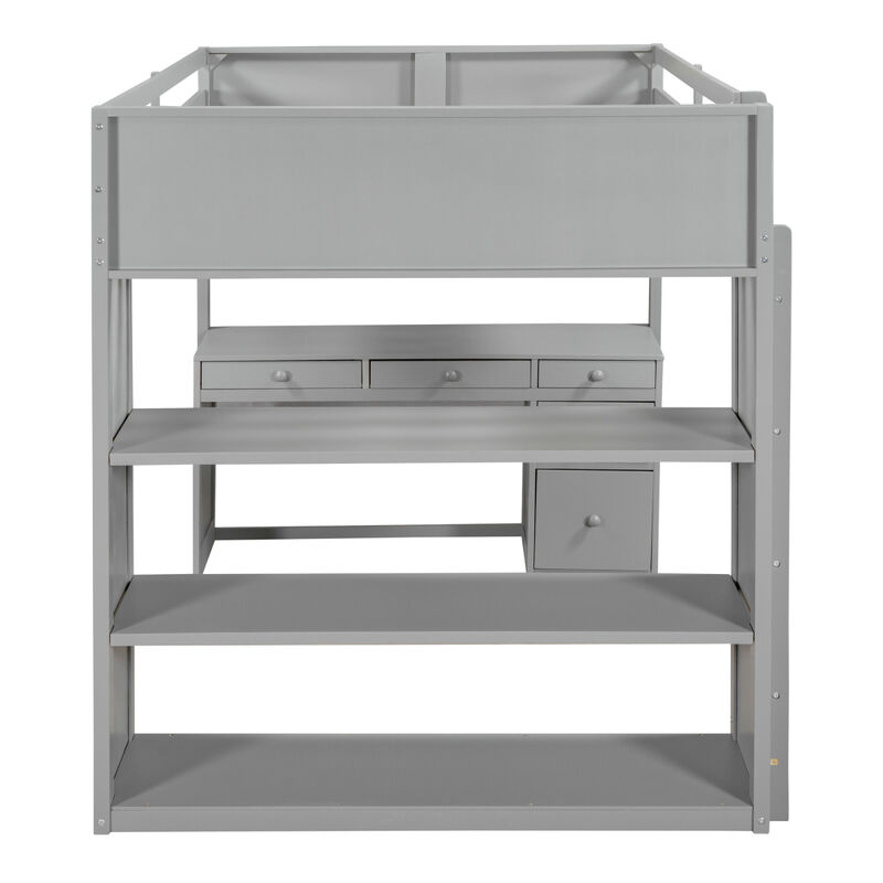 Full Size Loft Bed with Ladder, Shelves, and Desk, Gray