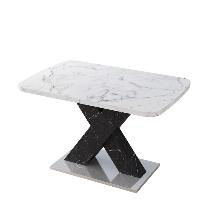 Modern Square Dining Table, Stretchable, White Marble Tabletop+MDF Black X-Shaped Table Leg with Metal Base