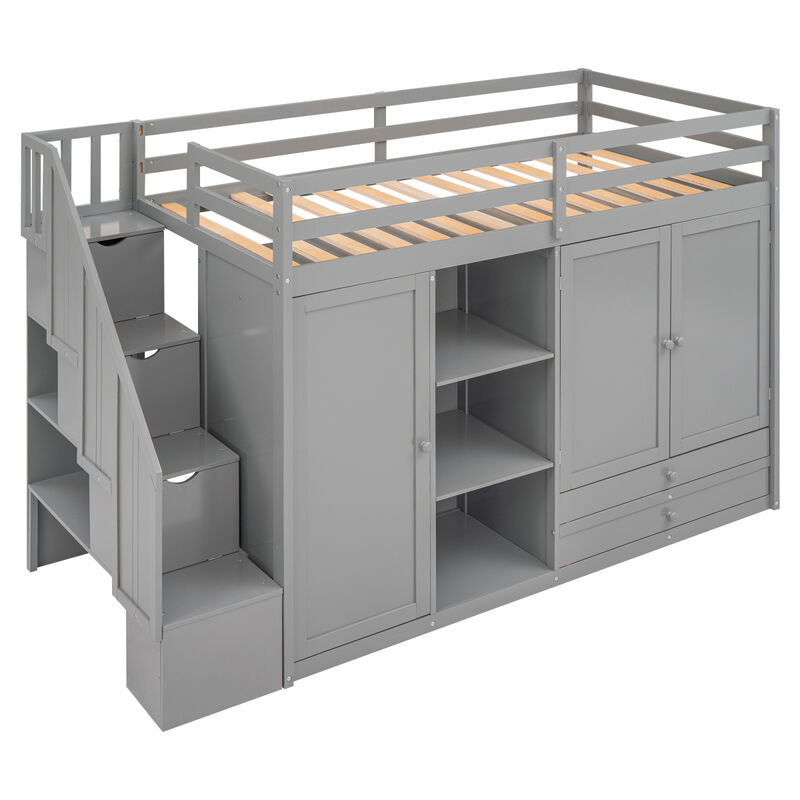 Functional Loft Bed with 3 Shelves, 2 Wardrobes and 2 Drawers, Ladder with Storage, No Box Spring Needed, Gray