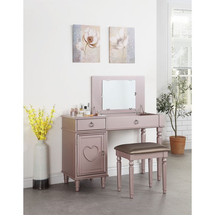 Bedroom Vanity Set w Stool Open Up Mirror Storage Space Drawers Rubber wood Ring Pull Handles Rose Gold Color Vanity