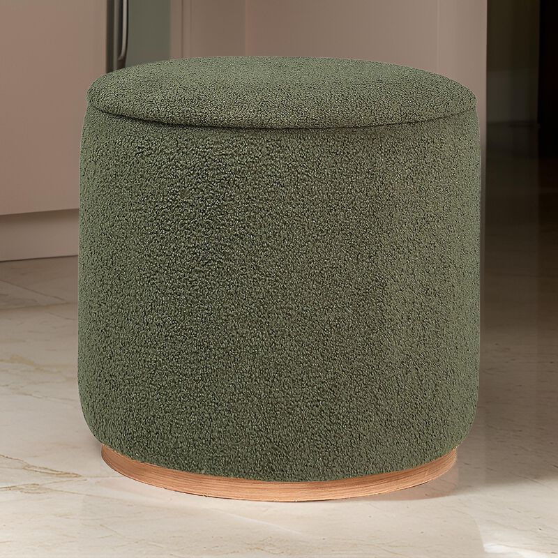 Zia 19 Inch Ottoman, Green Faux Sheepskin Upholstery, Round Platform Base - Benzara