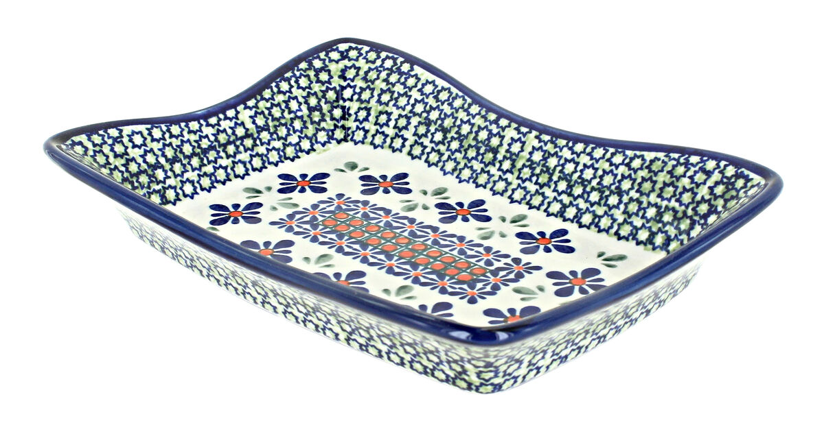 Blue Rose Polish Pottery Flowering Peacock Medium Rectangular Tray