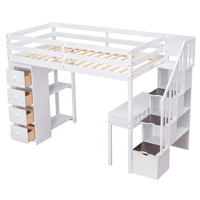 Twin size Loft Bed with Storage Drawers, Desk and Stairs, Wooden Loft Bed with Shelves - Gray