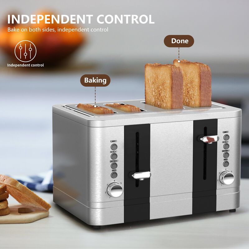 4-Slice Toaster Stainless Steel Toaster 7 Shade Setting Extra Wide Slots Sliver