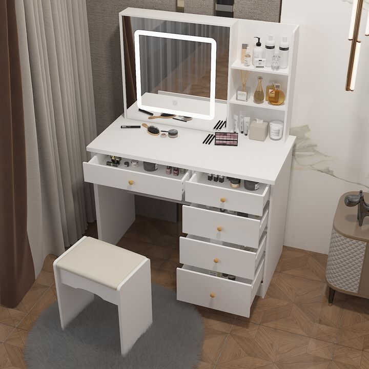 5-Drawers White Makeup Vanity Sets Dressing Table Sets with LED Dimmable Mirror, Stool and 3-Tier Storage Shelves