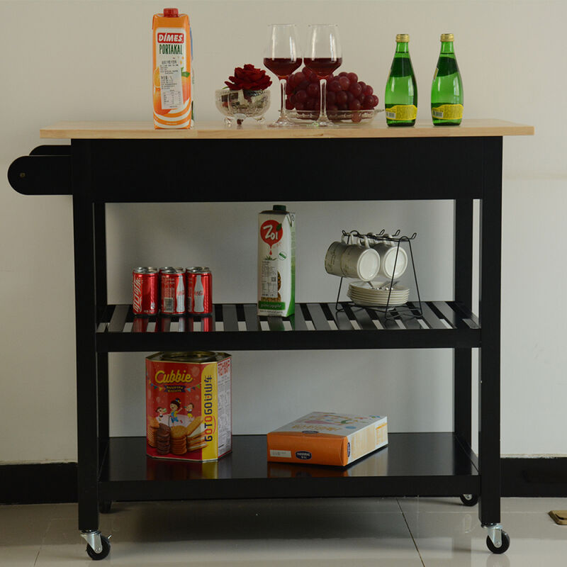 Kitchen Island & Kitchen Cart, Mobile Kitchen Island with Two Lockable Wheels, Rubber Wood Top, Black Color Design Makes It Perspective Impact During Party