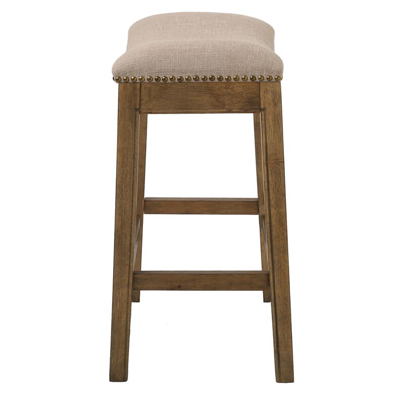 New Ridge Home Goods Sadie 25in. H Saddle Natural Wood Counter-Height Barstool with Cobble Gray Fabric