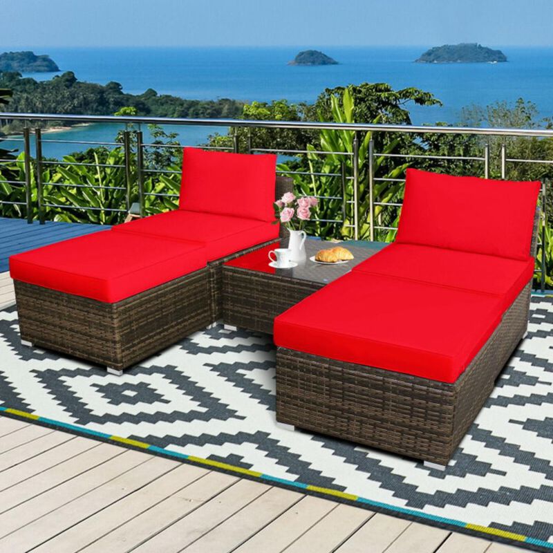 Hivvago 5 Pieces Patio Rattan Furniture Set with Cushioned Armless Sofa-Red