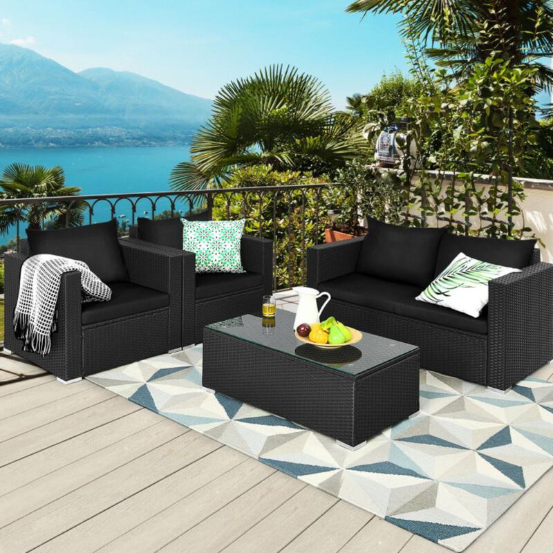 Hivvago 4 Pieces Patio Rattan Conversation Set with Padded Cushions