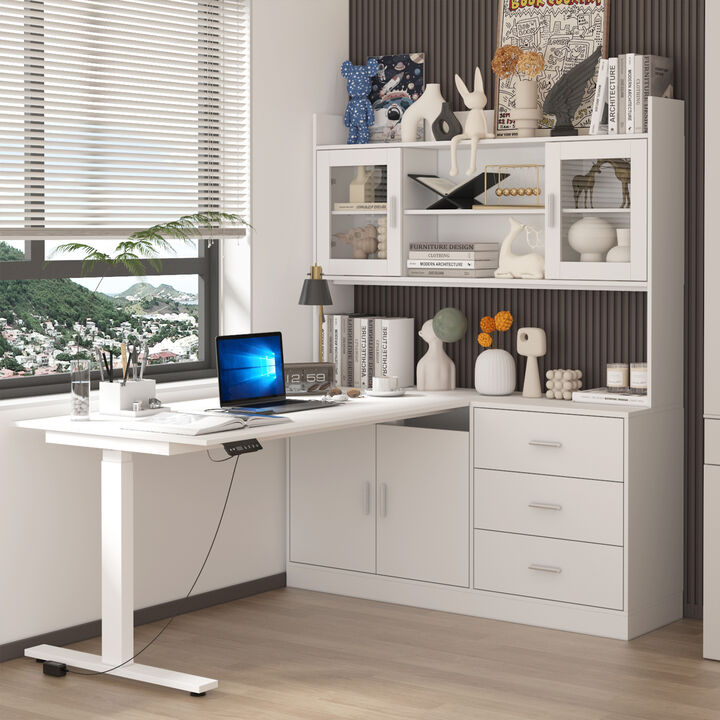 FUFU&GAGA White Height-Adjustable Desk with Storage Cabinet, P2 MDF, Single Motor (68.5" W x 68.9" H x 55.1" D), White