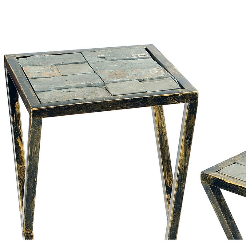 Stone Top Plant Stand with Geometric Base, Set of 2, Black and Gray-Benzara