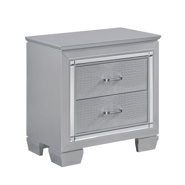 Glamorous Silver Finish 1pc Nightstand 2x Dovetail Drawers Faux Alligator Embossed Fronts Bedroom Furniture