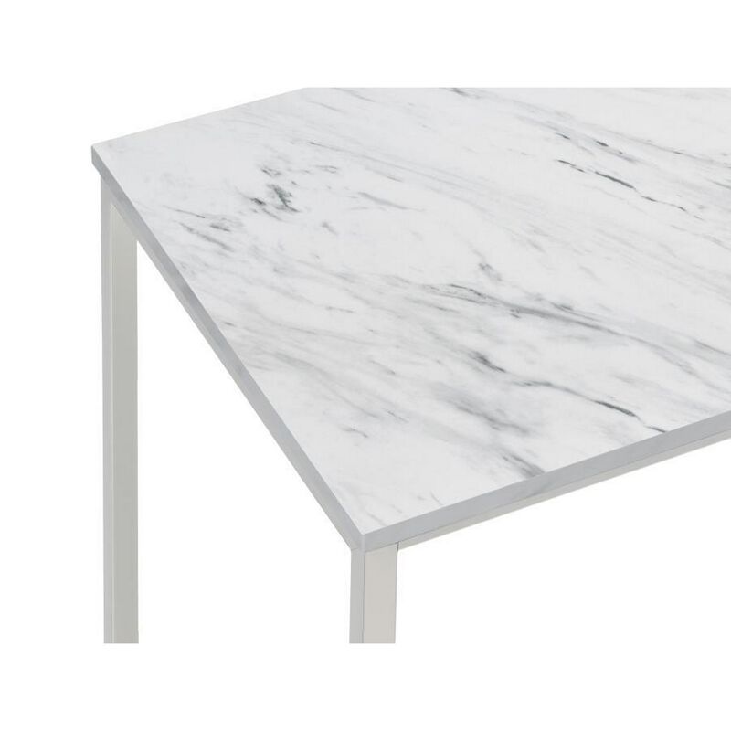 46 Inch Coffee Table, Faux Marble Surface, Silver Finished Geometric Base-Benzara