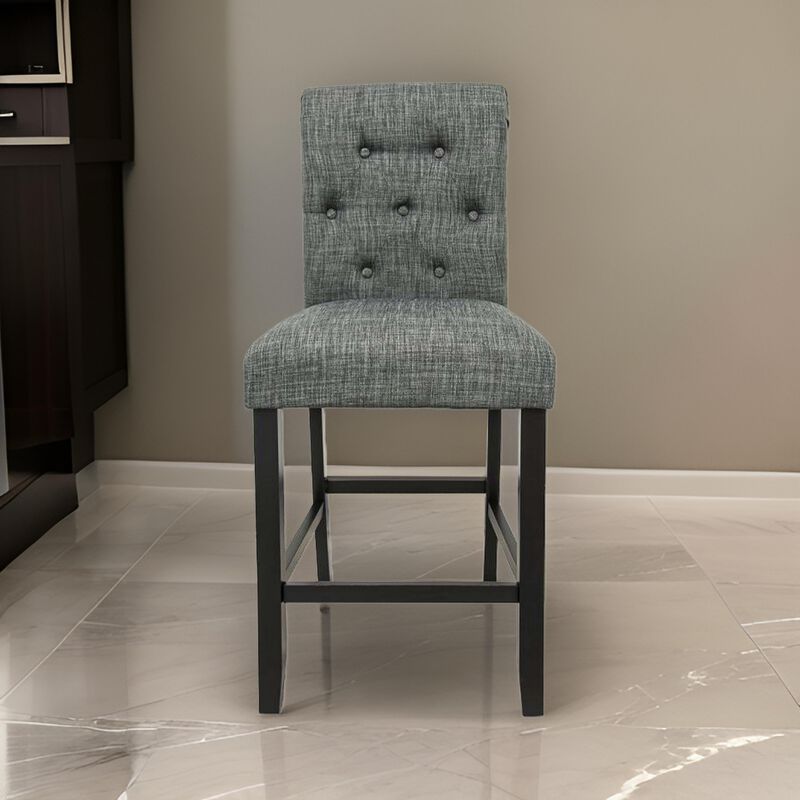Jie 24 Inch Counter Height Dining Chair, Tufted Gray Upholstery, Black Wood - Benzara