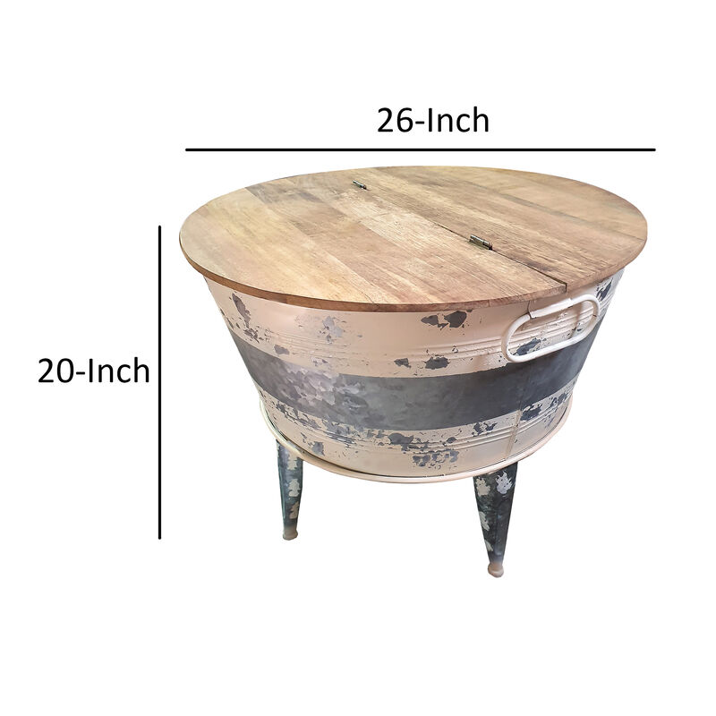 26 inch Accent Round Cocktail Table, Tub Like Iron Base, Brown, Gray, Washed White - Benzara