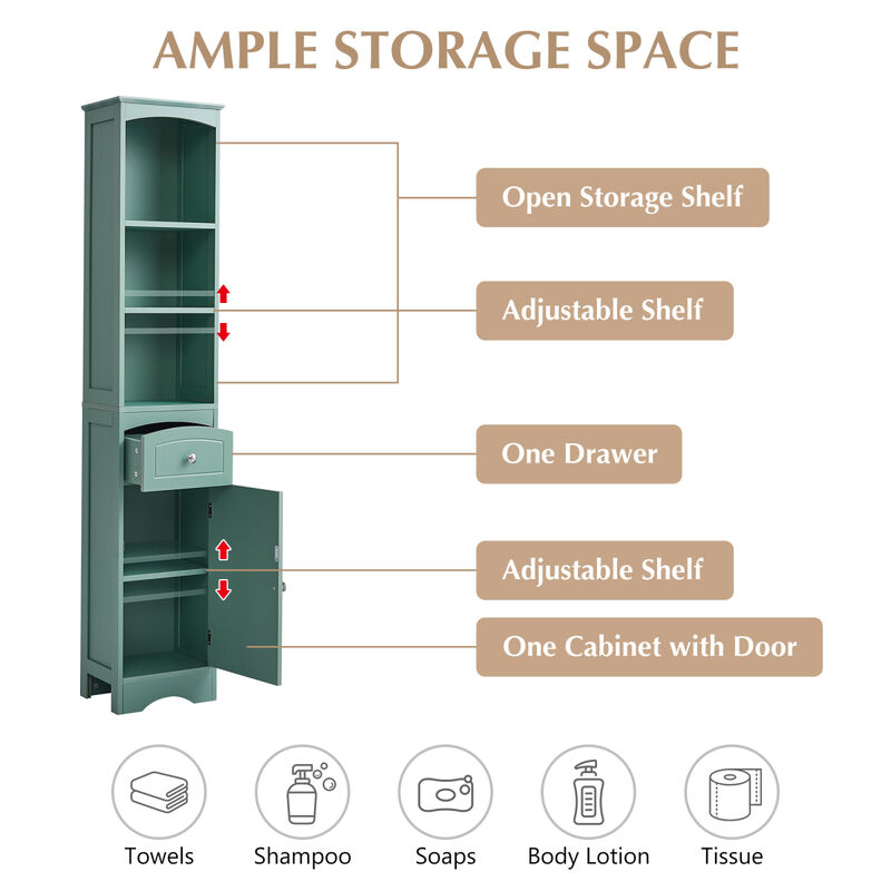 Tall Bathroom Cabinet, Freestanding Storage Cabinet with Drawer, MDF Board, Adjustable Shelf, Green