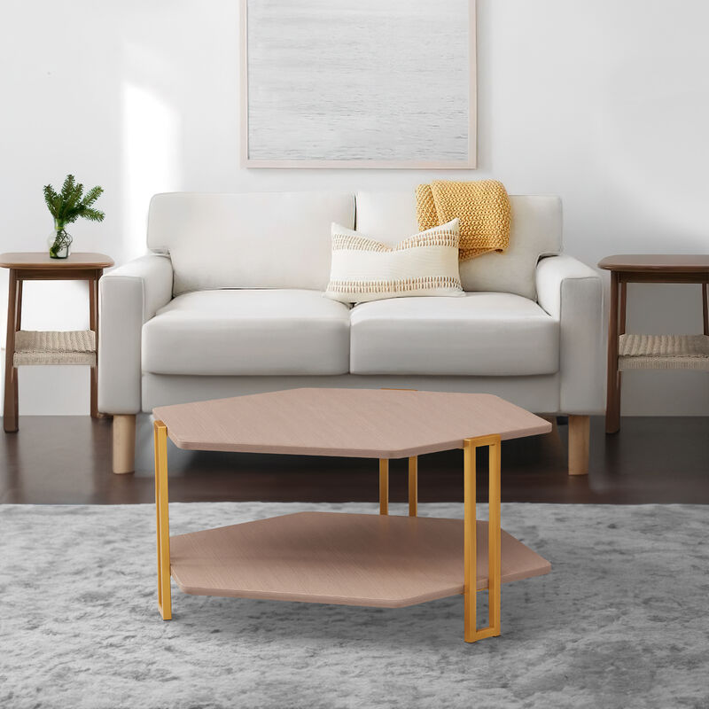 36 Inch Hexagonal Modern Coffee Table, Wood Top and Shelf, Gold Metal Legs-Benzara