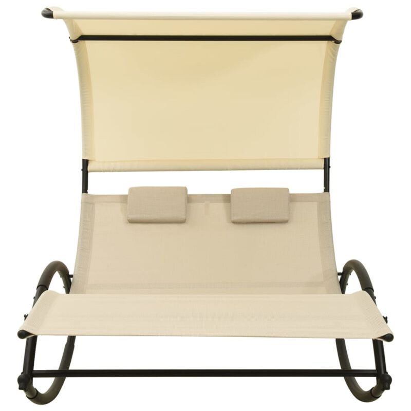 vidaXL Double Sun Lounger with Canopy - Cream Textilene Fabric - Steel Frame - Comfortable Outdoor Furniture with Pillows