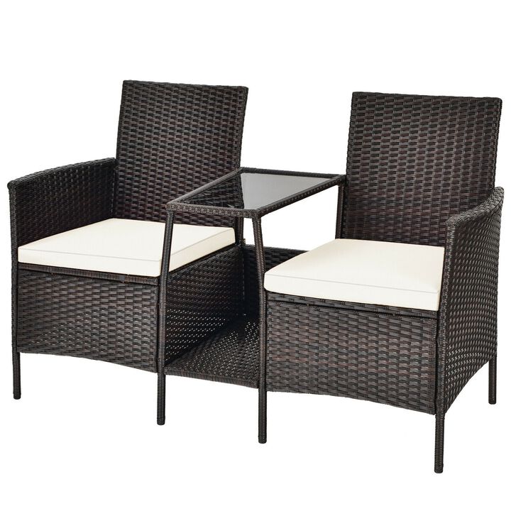 Patio Rattan Wicker Conversation Set Sofa Cushioned Loveseat Glass Table