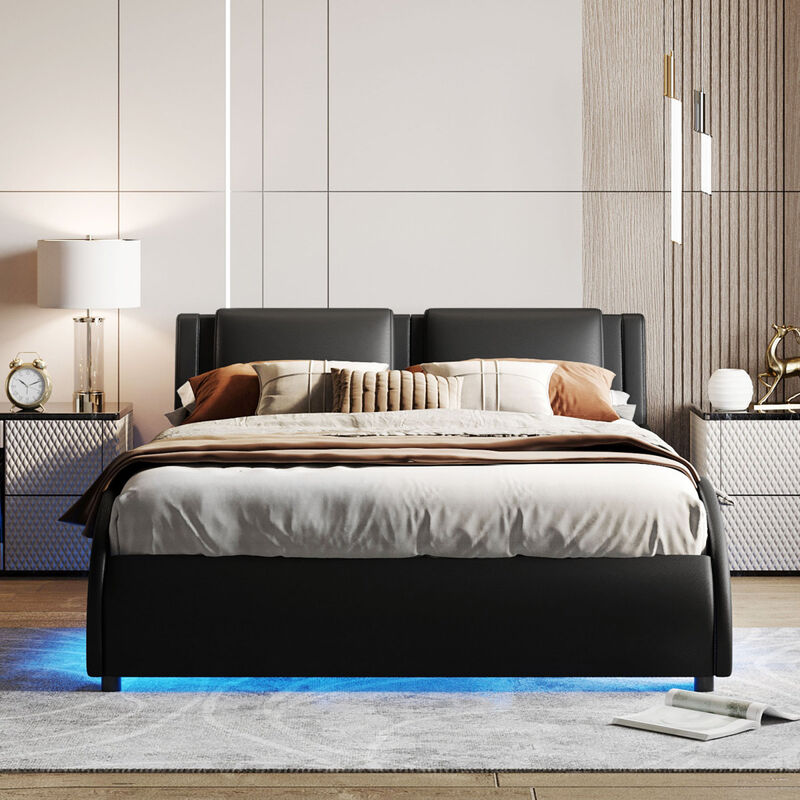 Queen Size Upholstered Faux Leather Platform Bed with LED Light Bed Frame with Slatted