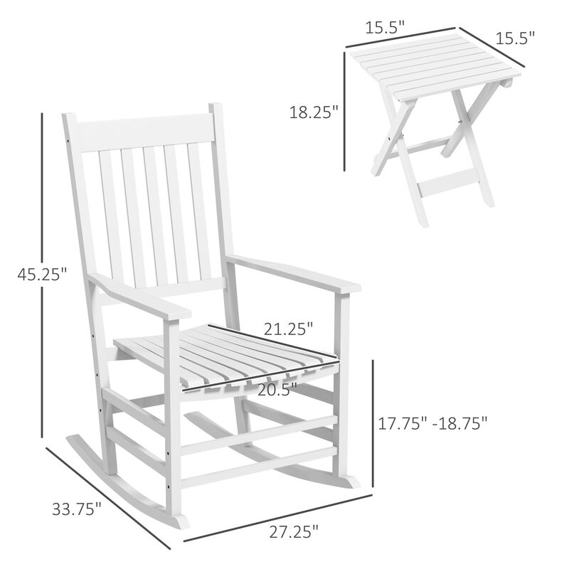 Outsunny Wooden Rocking Chair Set w/ Foldable Side Table, Outdoor Rocker Chairs with Curved Armrests, High Back & Slatted Seat for Garden, Balcony, Porch, Supports Up to 352 lbs., White