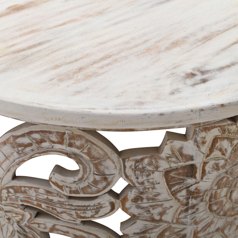 Alina Coffee Table Handcrafted Mango Wood Floral Carved Cut Out Design Distressed White Finish 33 Inch - Benzara