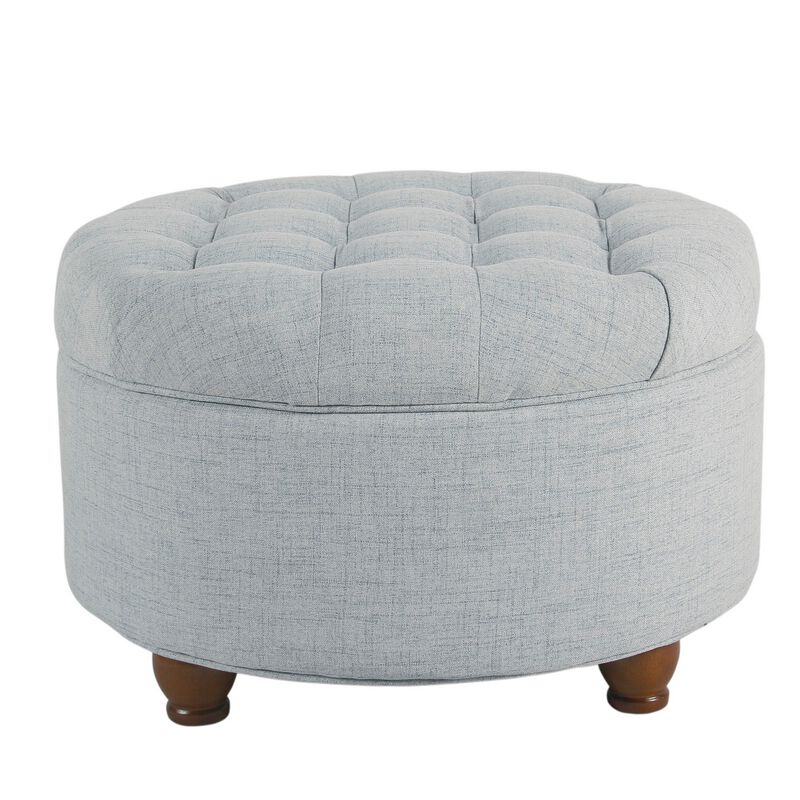 Fabric Upholstered Wooden Ottoman with Tufted Lift Off Lid Storage, Light Blue - Benzara