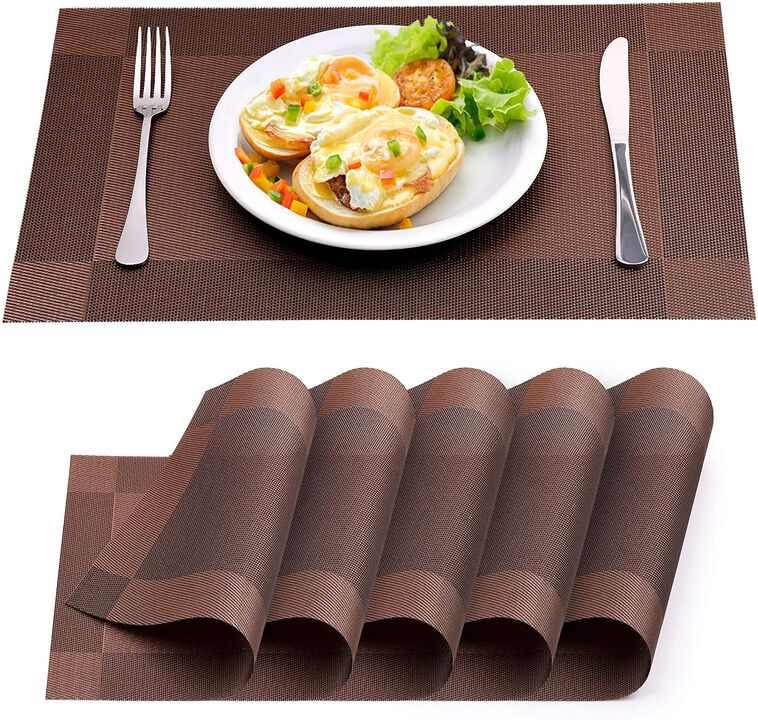 Vinyl Woven Washable Placemats for Dining - Table Set of 6