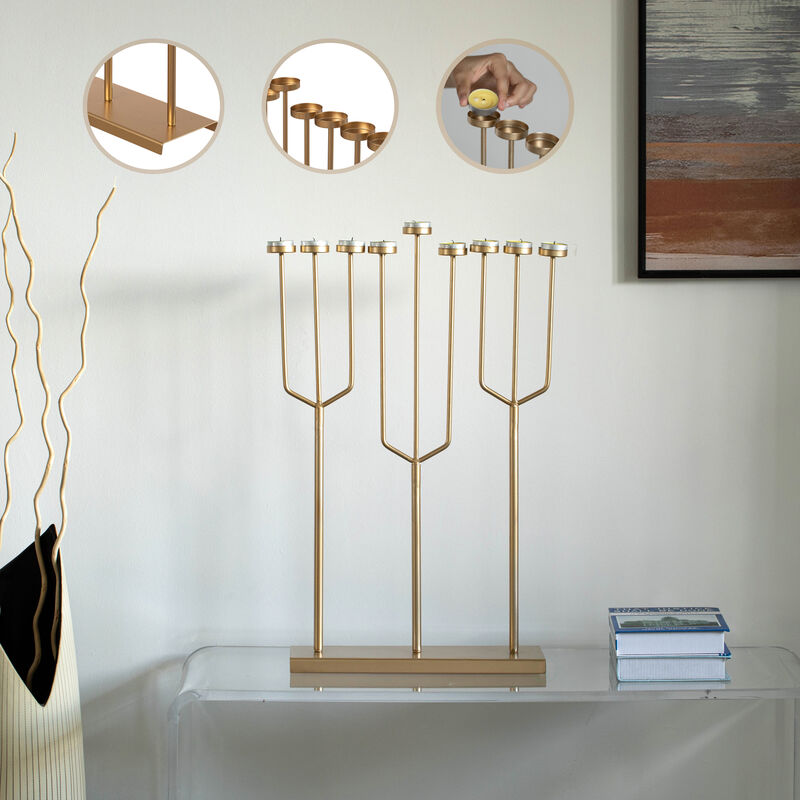 Modern Design Small Hanukkah Menorah Exceptional presentational piece, 9 Branch Tea Light Candle Holders, Gold