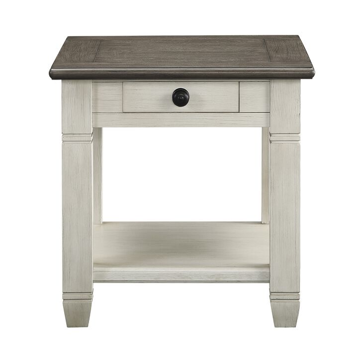 Rome 26 Inch Side End Table, Square, 1 Drawer, Brown, White, Solid Wood