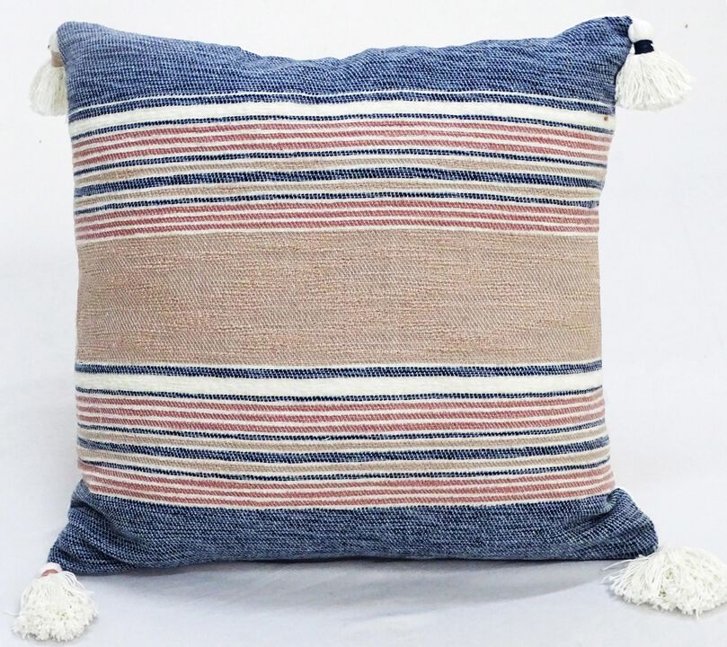 22" Blue and Brown Throw Pillow for Couch with Tassels