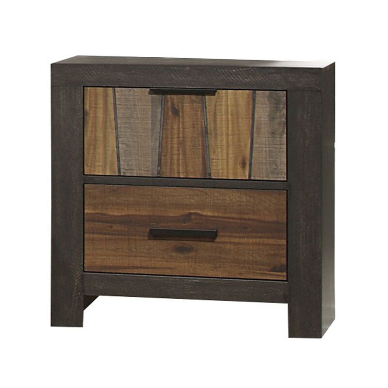 Plank Style 2 Drawer Wooden Nightstand with Metal Bar Handles, Brown - Benzara