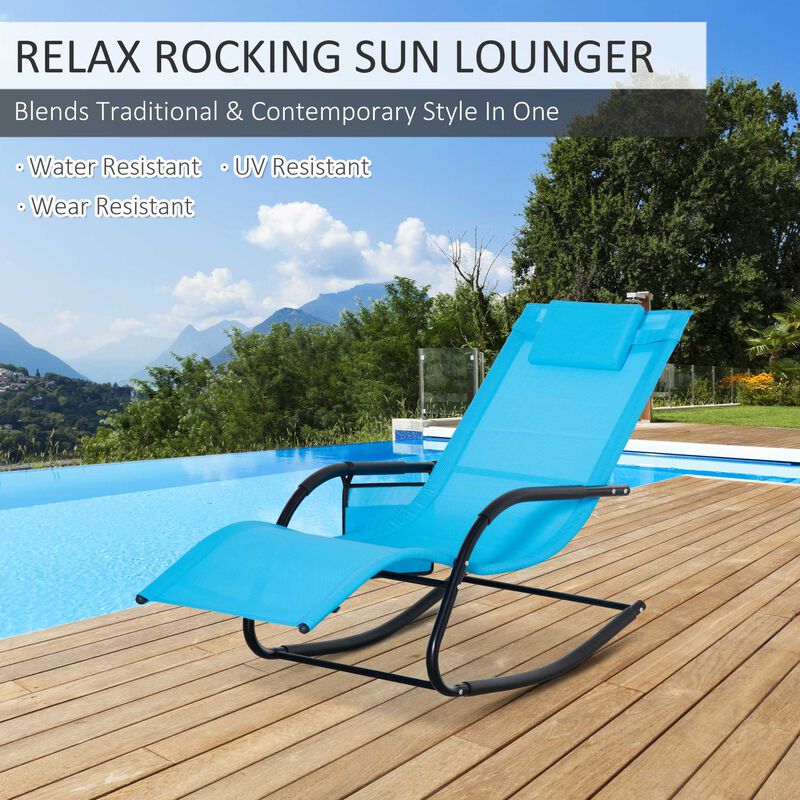 Outdoor Rocking Chair, Patio Sling Sun Lounger, Pocket, Recliner Rocker, Lounge Chair with Detachable Pillow for Deck, Garden or Pool, Blue