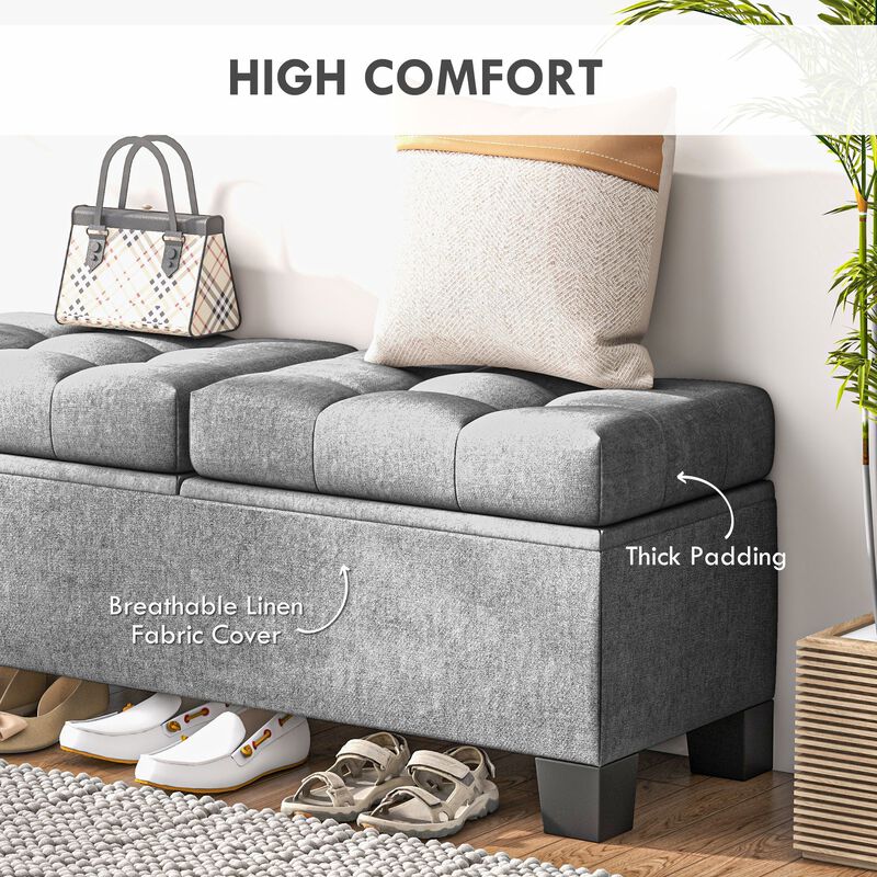 46" Gray Storage Ottoman: Button Tufted, Steel Frame